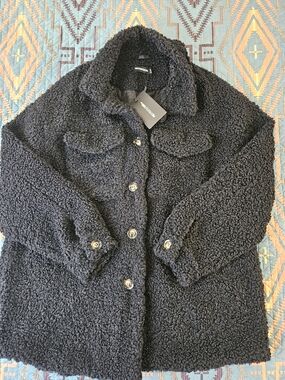 PrettyLittleThing Black Faux Sherpa Coat with Branded Tag